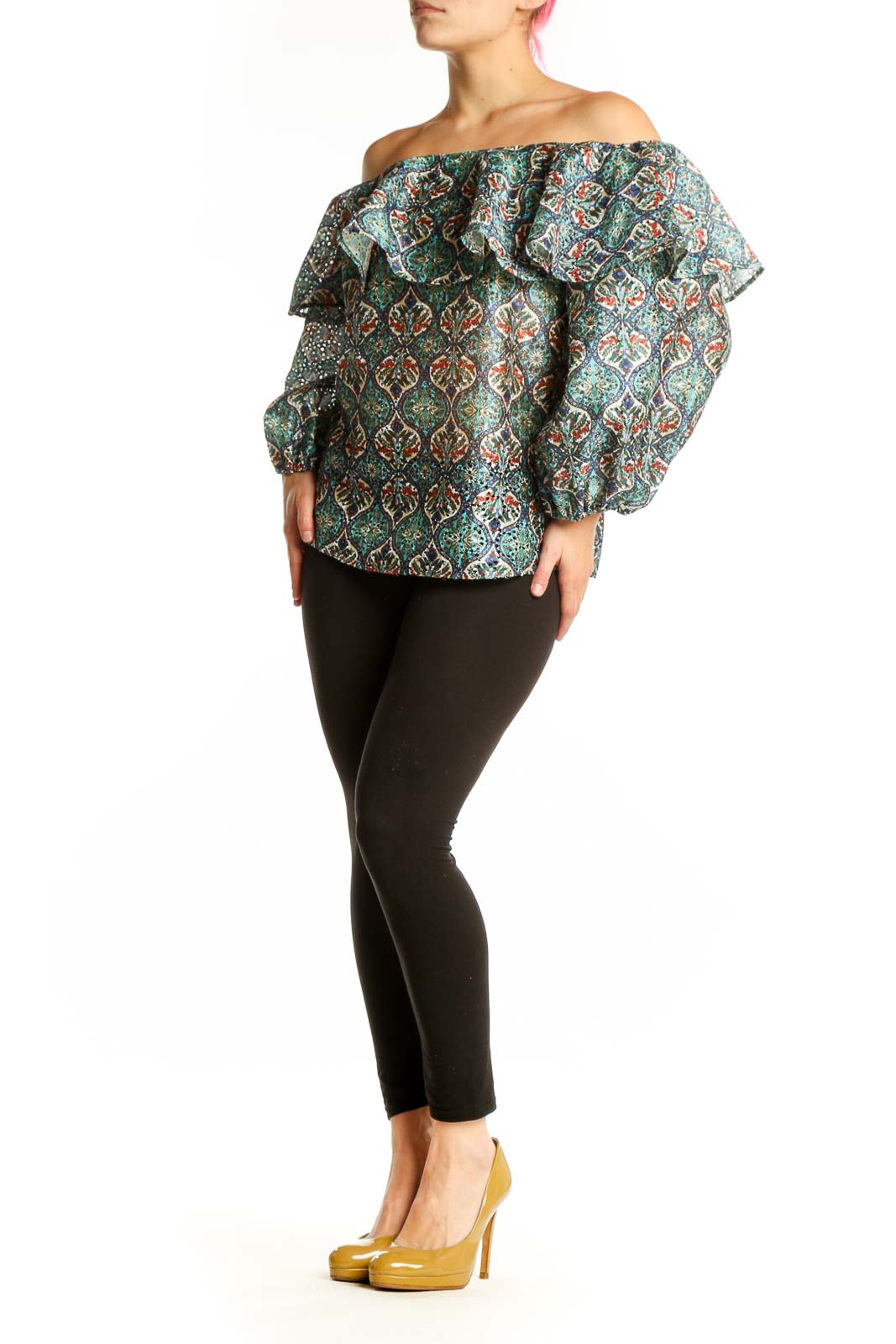 Multicolor ornate damask off-shoulder ruffle top with billowing sleeves by Sachin + Babi, front view