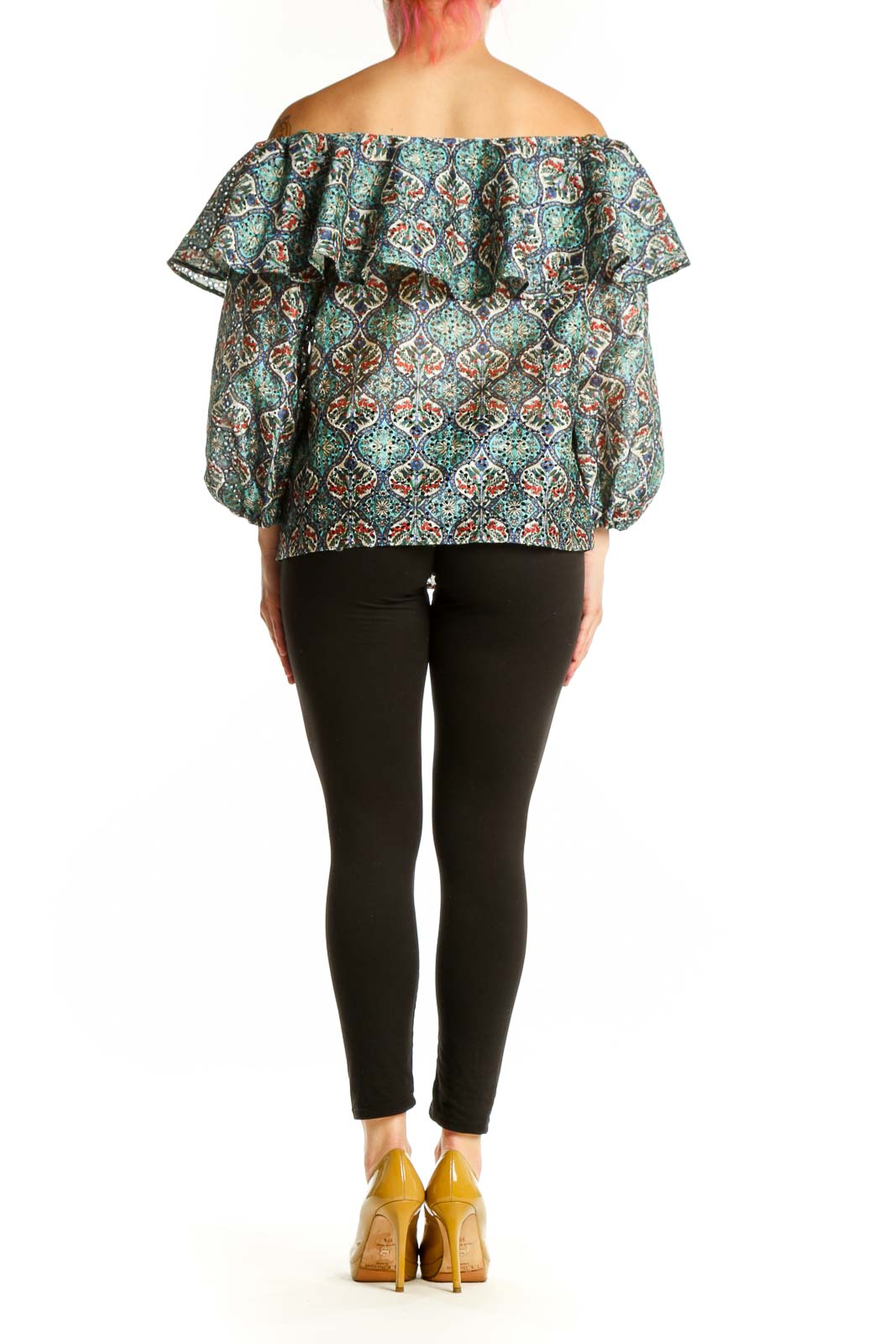 Multicolor ornate damask off-shoulder ruffle top with billowing sleeves by Sachin + Babi, back view