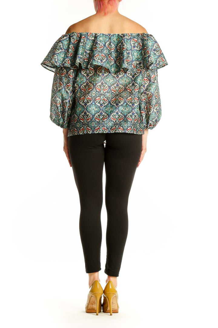 Multicolor ornate damask off-shoulder ruffle top with billowing sleeves by Sachin + Babi, back view