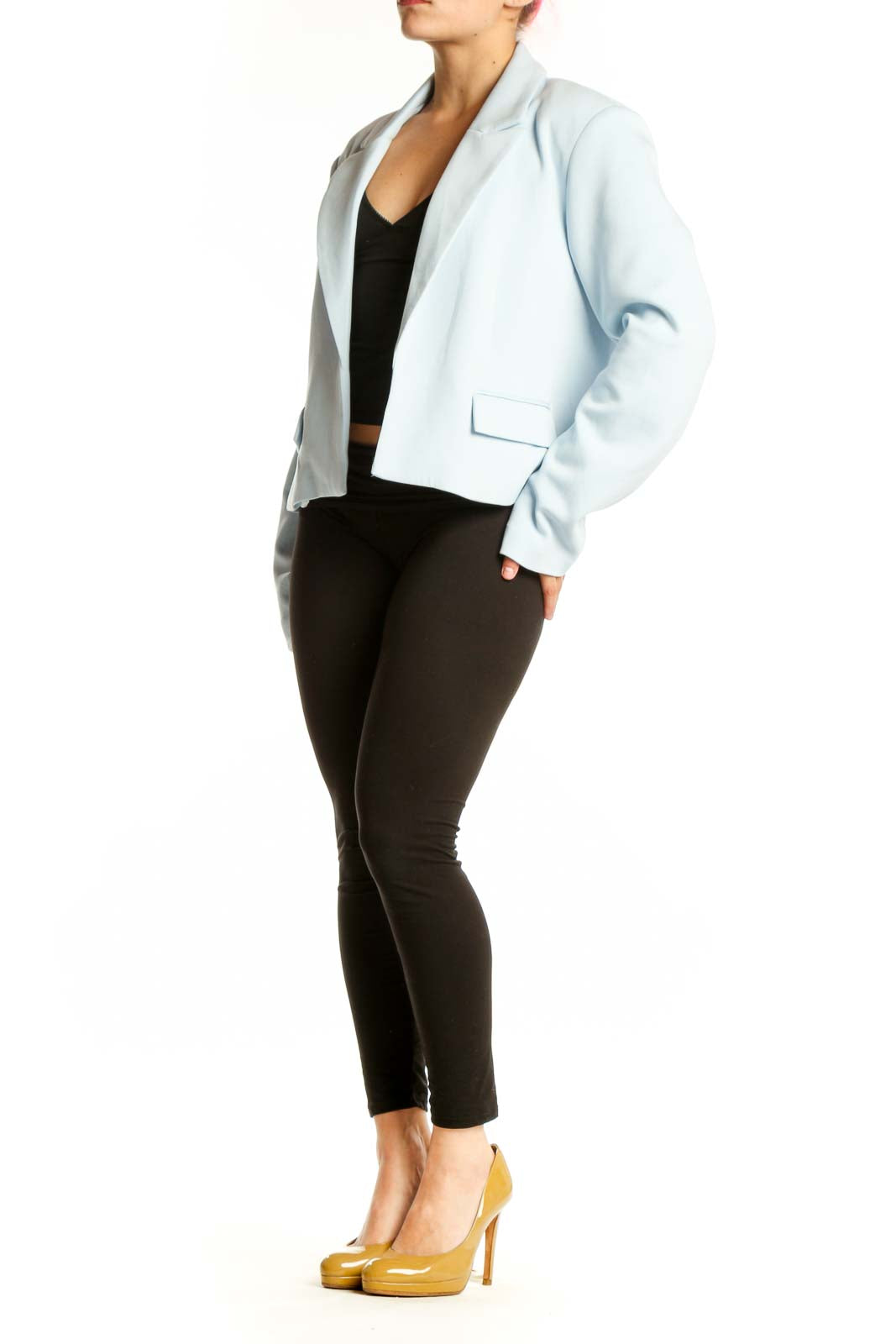 Light blue cropped blazer by Steve Madden worn with black top, front view showing notch lapels and structured fit