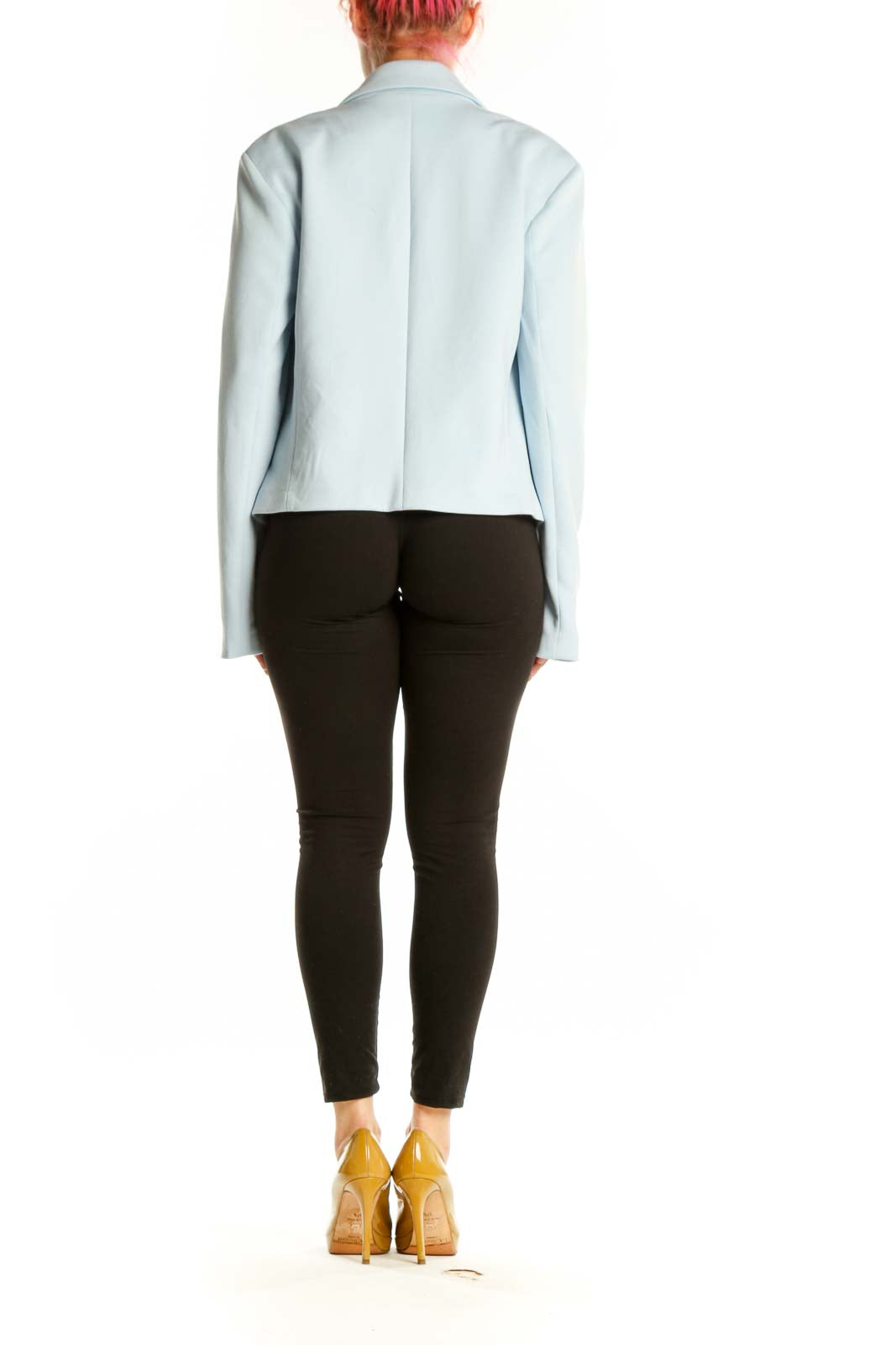 Light blue cropped blazer by Steve Madden back view displaying tailored silhouette and cropped hemline