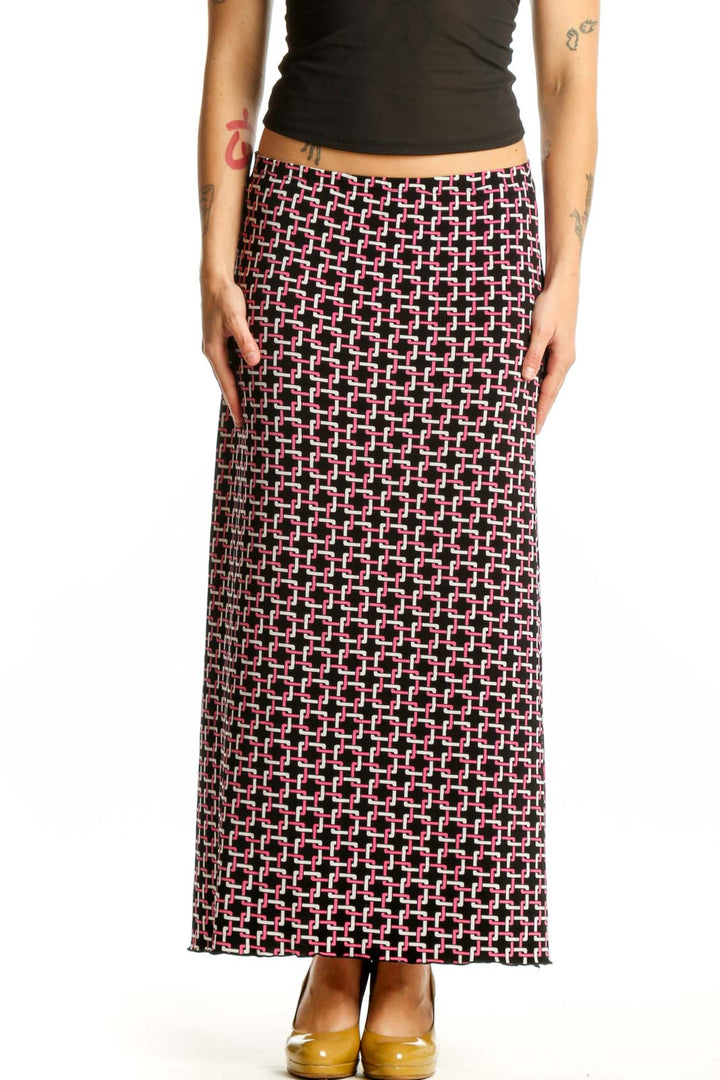 Burgundy geometric lattice print maxi skirt with cream and black tones, straight silhouette, front view