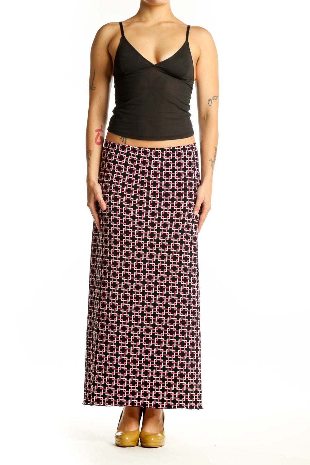 Burgundy geometric lattice print maxi skirt with cream and black tones, straight silhouette, front view