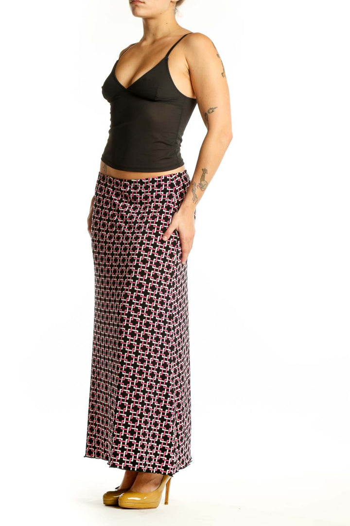 Burgundy geometric lattice print maxi skirt with cream and black tones, straight silhouette, front view