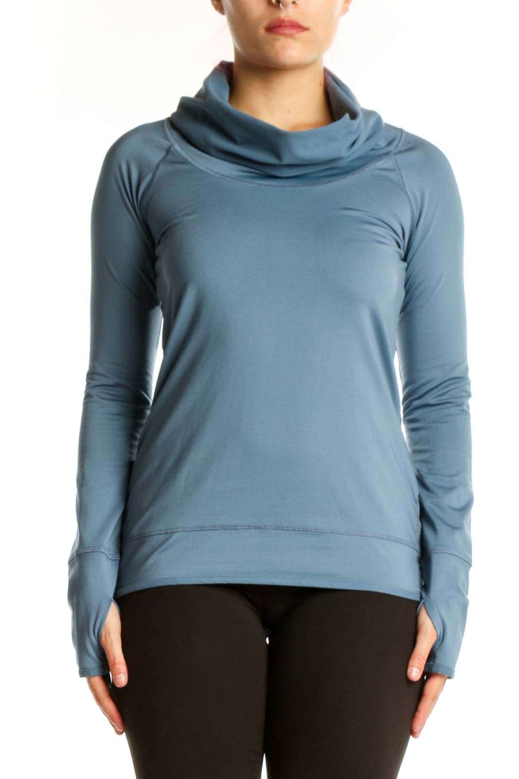 Blue cowl neck activewear top with long sleeves, front view on model
