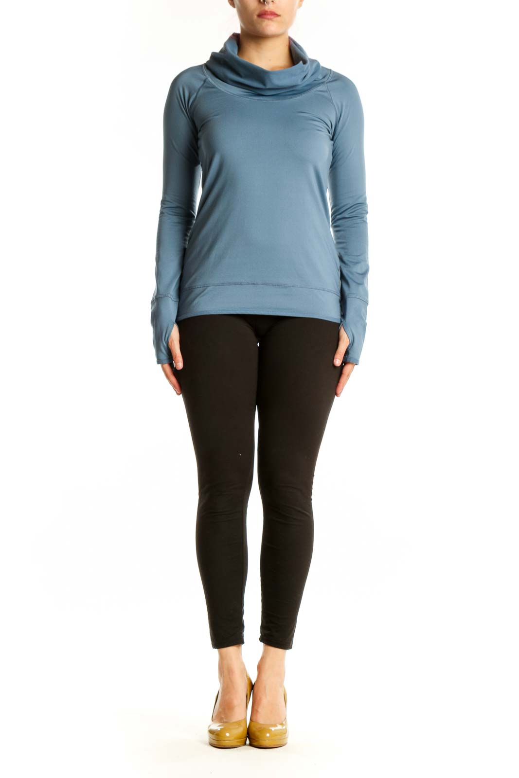 Blue cowl neck activewear top with long sleeves, front view on model