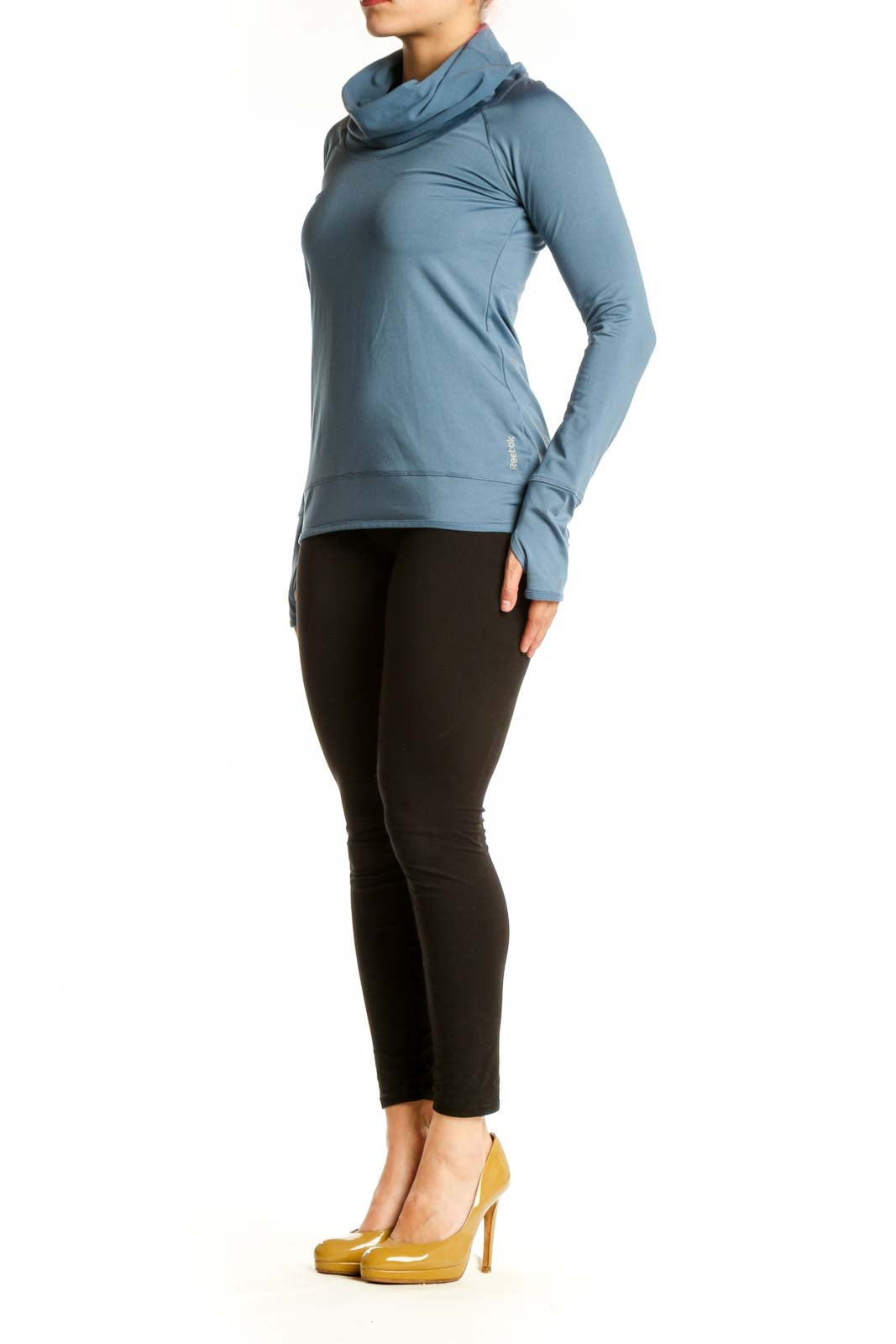 Blue cowl neck activewear top with long sleeves, front view on model