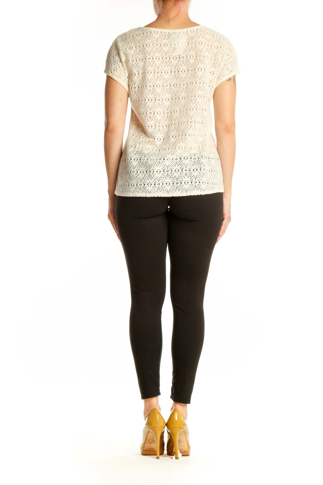 Cream lace short sleeve top back view showing lace detailing and relaxed fit