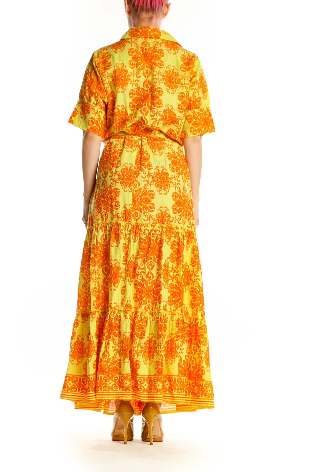 Yellow and orange floral cotton maxi dress with self-tie waist belt and flowing tiered silhouette - back view