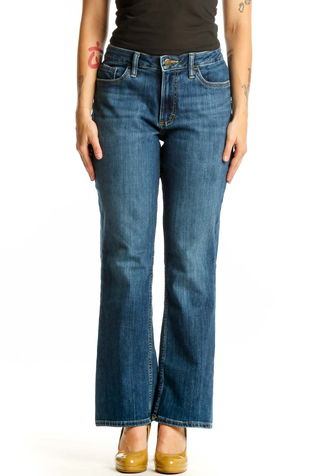 Front view of blue Lee flare jeans with high-rise waist and classic five-pocket design on model