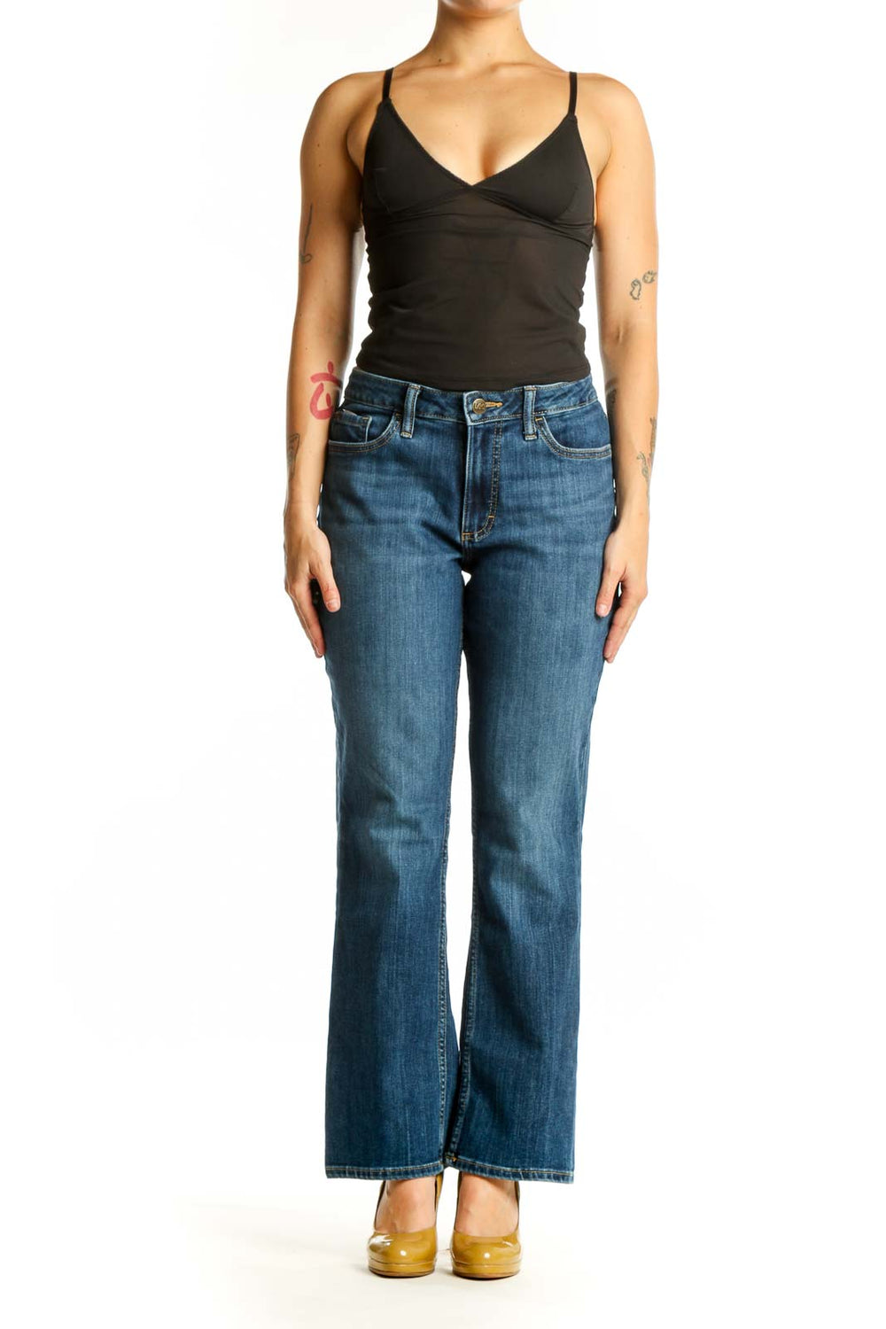 Front view of blue Lee flare jeans with high-rise waist and classic five-pocket design on model