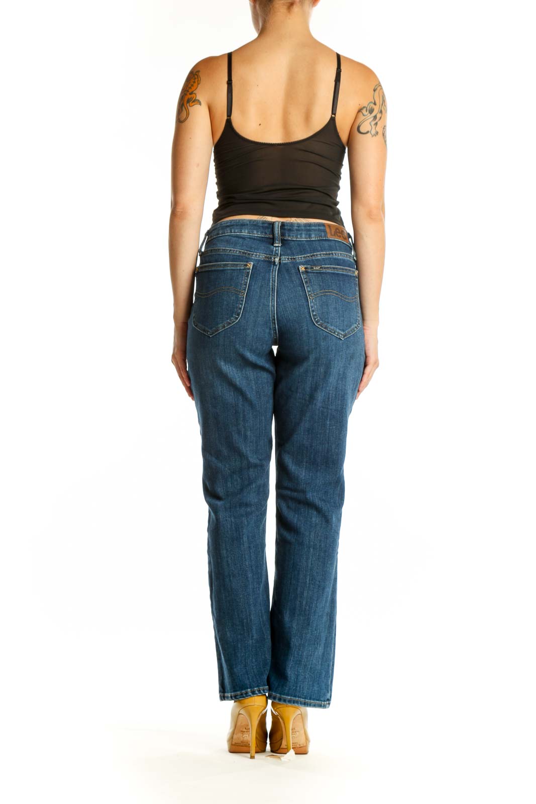 Back view of blue Lee flare jeans showing classic fit and flared leg silhouette