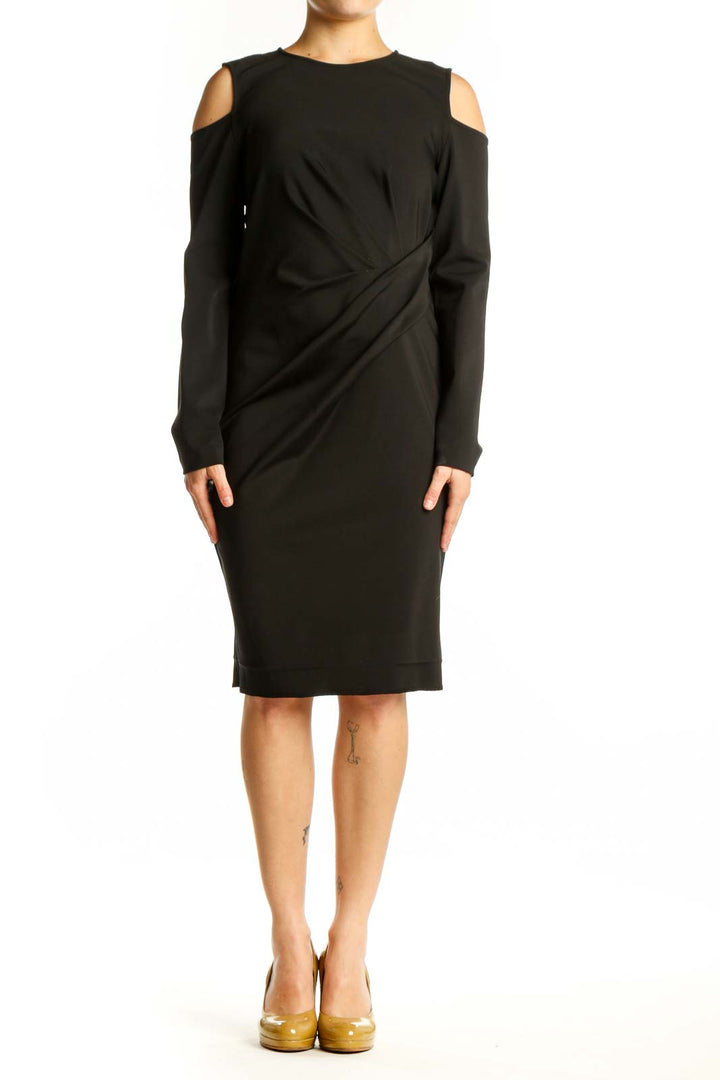 DKNY black cold shoulder wrap dress with long sleeves and elegant draping, front view