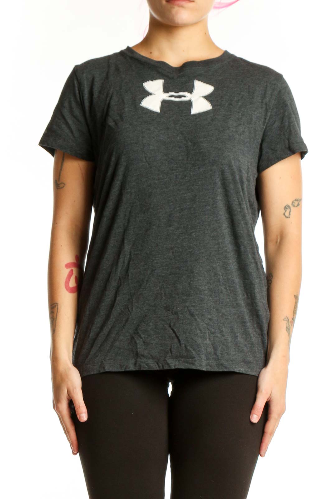 Charcoal gray Under Armour women's t-shirt with white logo graphic on chest, front view
