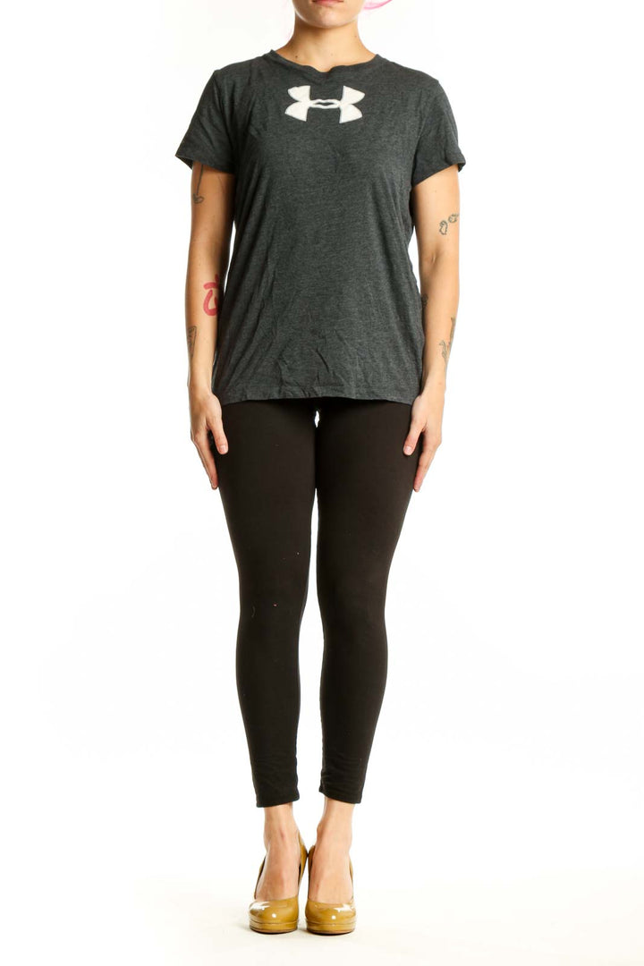 Charcoal gray Under Armour women's t-shirt with white logo graphic on chest, front view