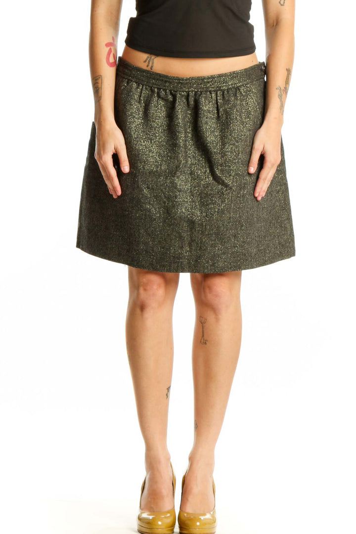 Olive green pleated A-line skirt with elastic waistband, front view