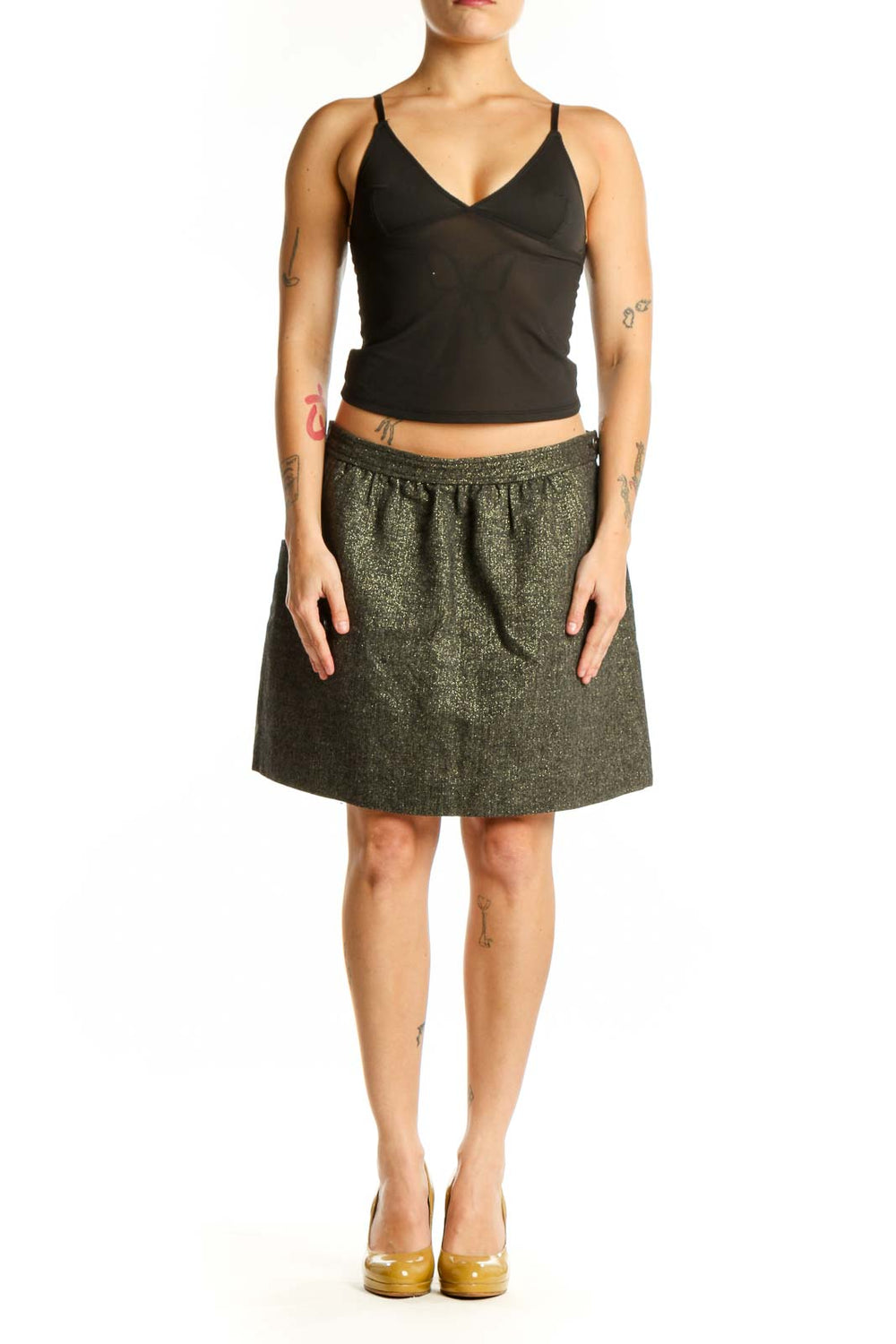 Olive green pleated A-line skirt with elastic waistband, front view