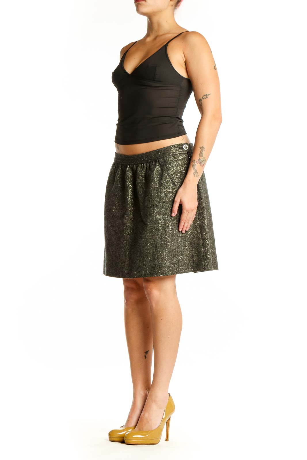 Olive green pleated A-line skirt with elastic waistband, front view