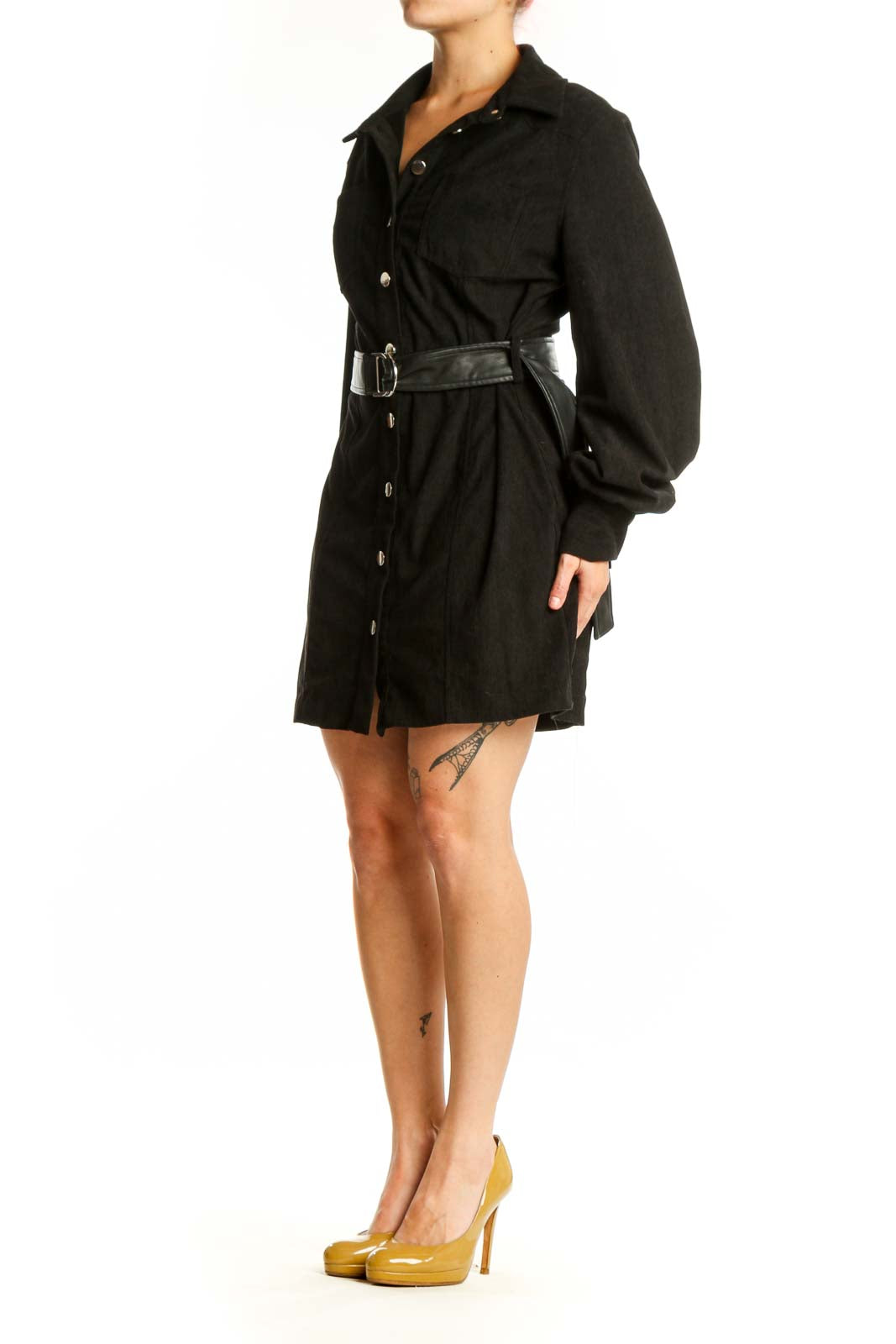 Black button-front shirt dress with blouson sleeves and black leather belt, front view