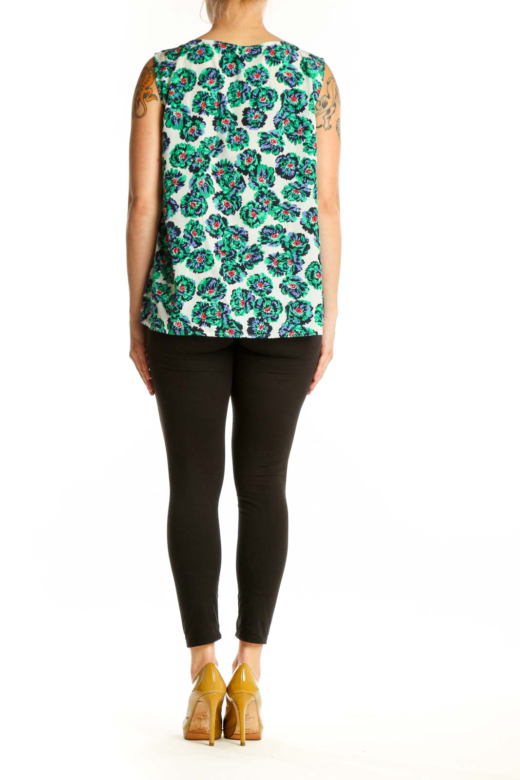 Cream sleeveless tank top with green and multicolor floral print, back view