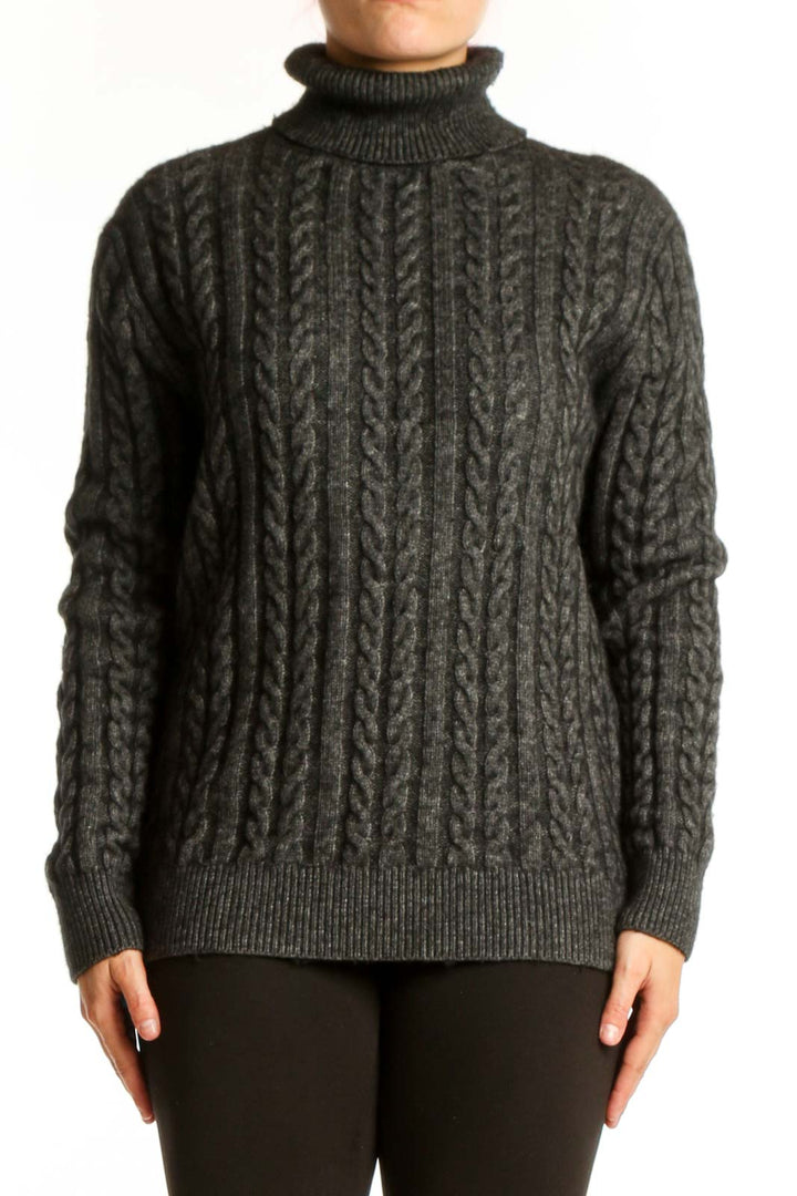 Charcoal gray cable knit turtleneck sweater by J.Crew with vertical cable pattern, front view