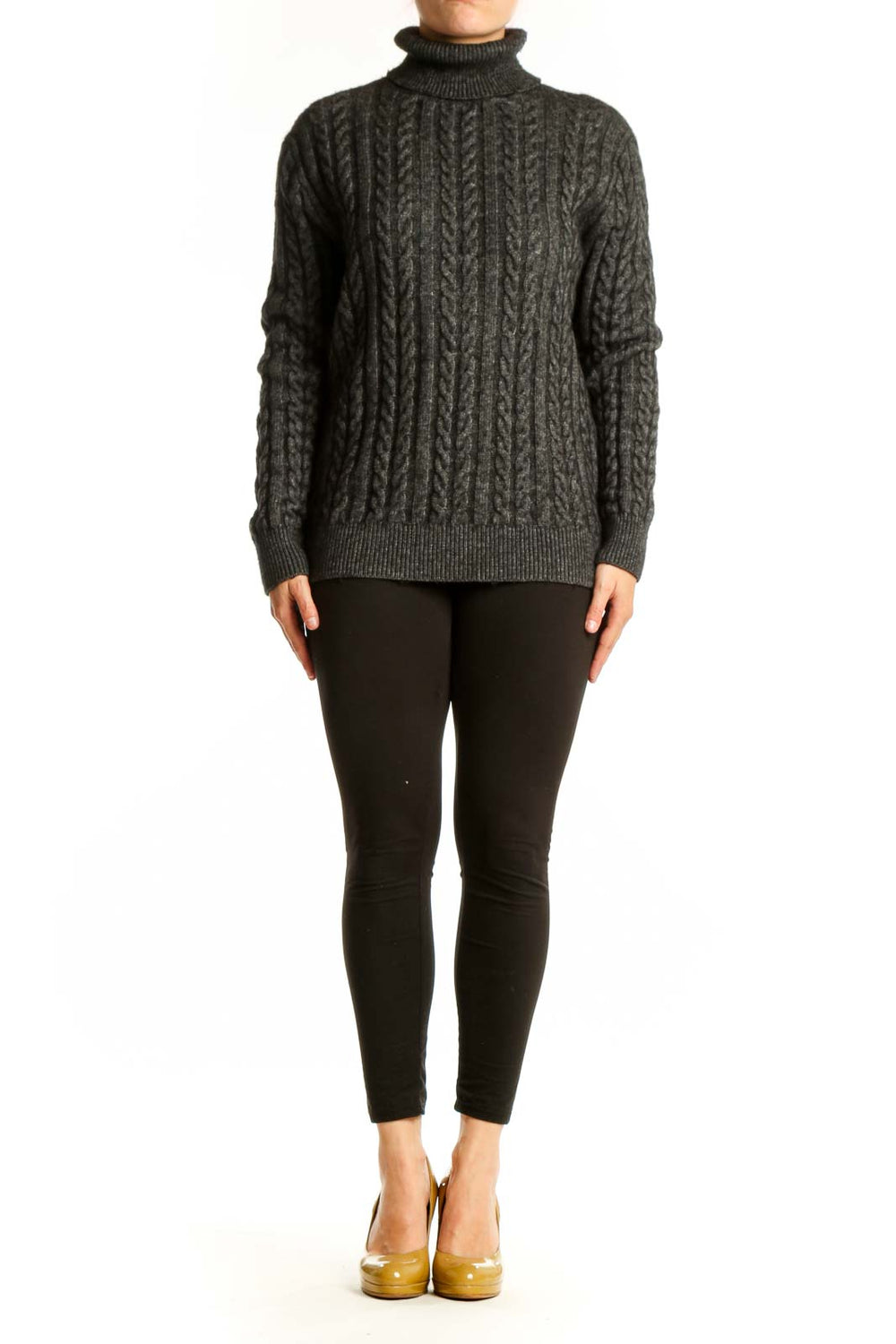 Charcoal gray cable knit turtleneck sweater by J.Crew with vertical cable pattern, front view