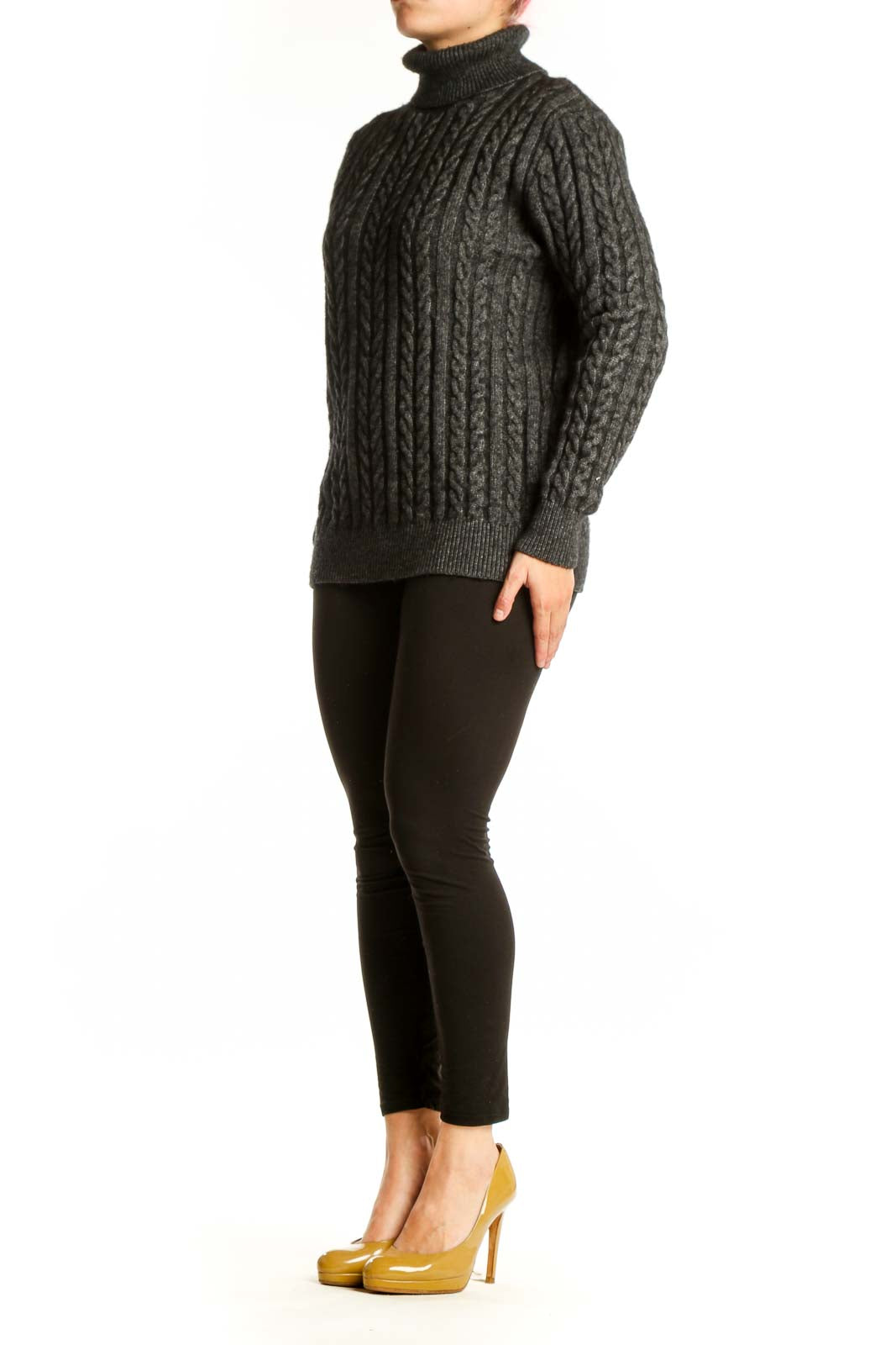Charcoal gray cable knit turtleneck sweater by J.Crew with vertical cable pattern, front view