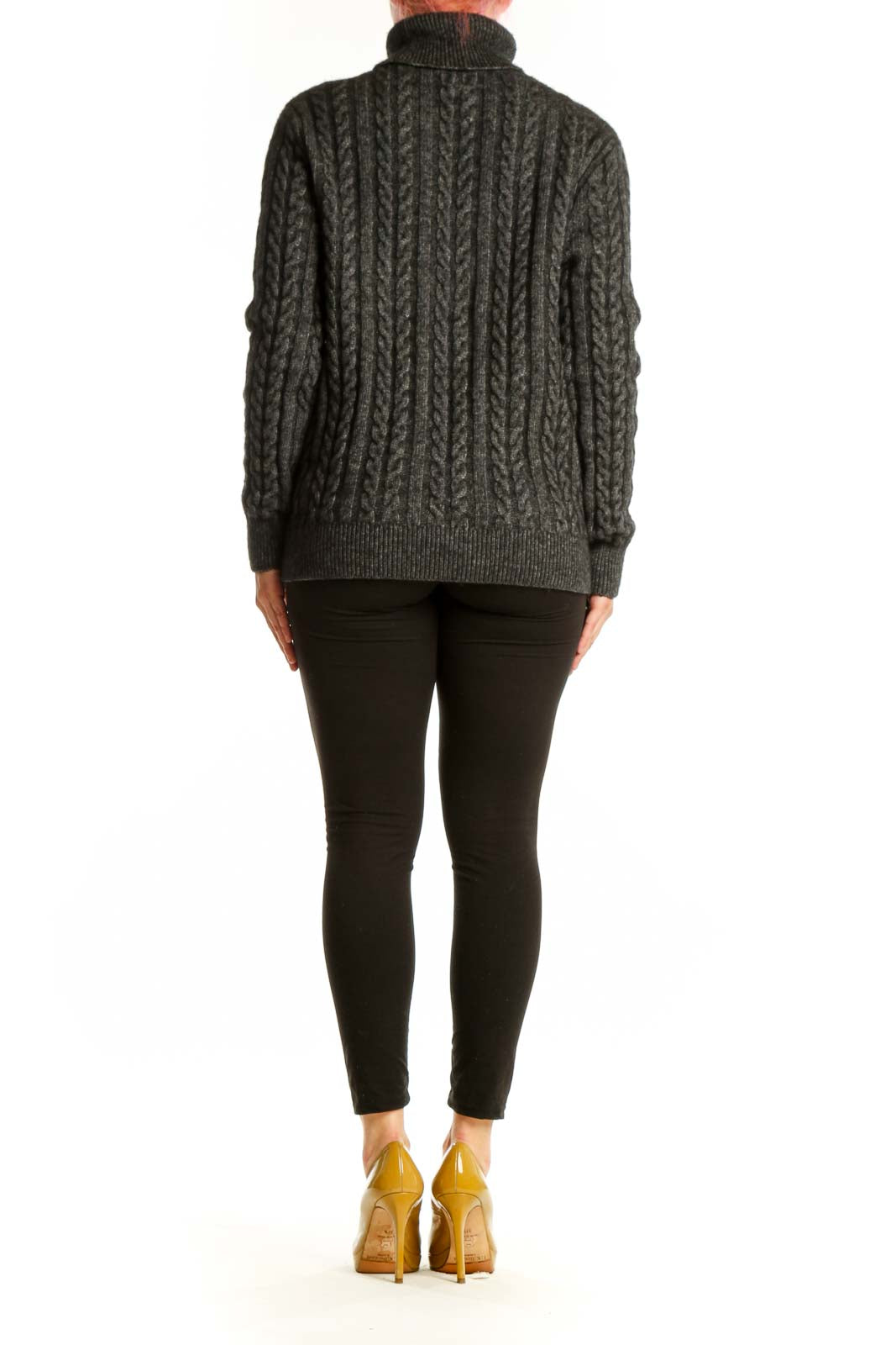 Charcoal gray cable knit turtleneck sweater by J.Crew, back view showing cable knit detail