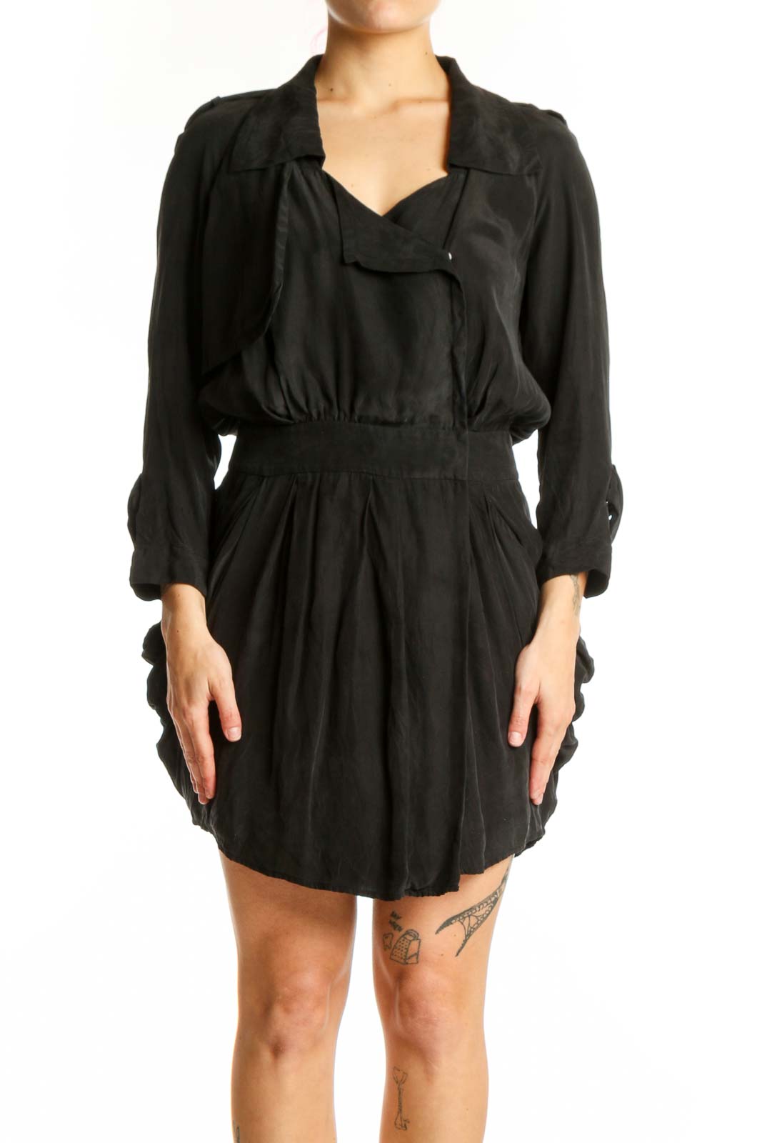Black silk wrap dress with collar neckline and long sleeves, front view