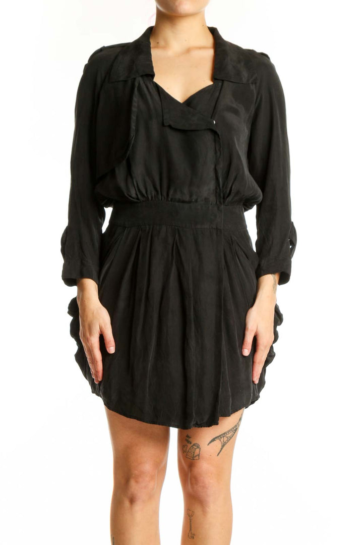 Black silk wrap dress with collar neckline and long sleeves, front view