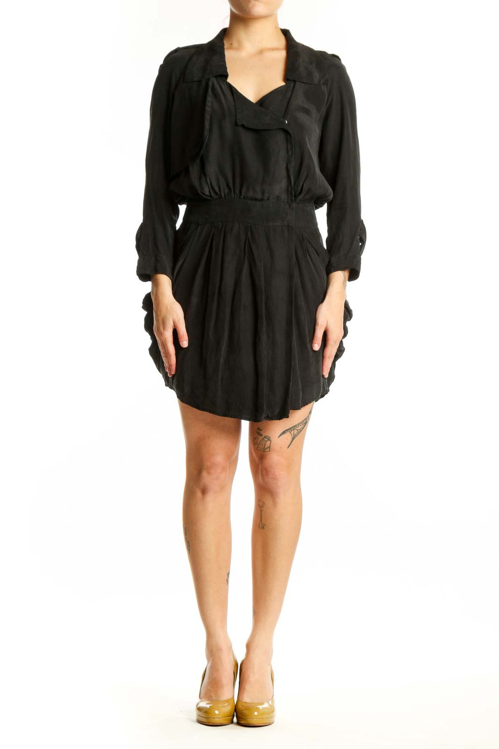 Black silk wrap dress with collar neckline and long sleeves, front view