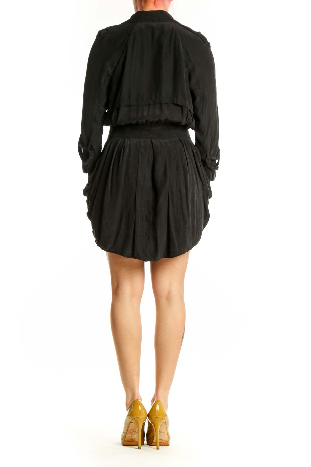 Black silk wrap dress with gathered skirt and cinched waist, back view