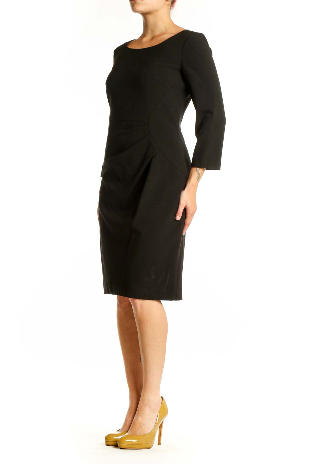 Calvin Klein black ruched midi dress with three-quarter sleeves, front view on model