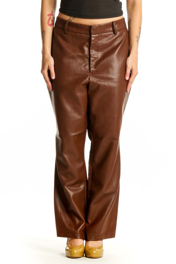 Brown leather straight-leg pants by Bagatelle, front view, size XL with high-waisted silhouette