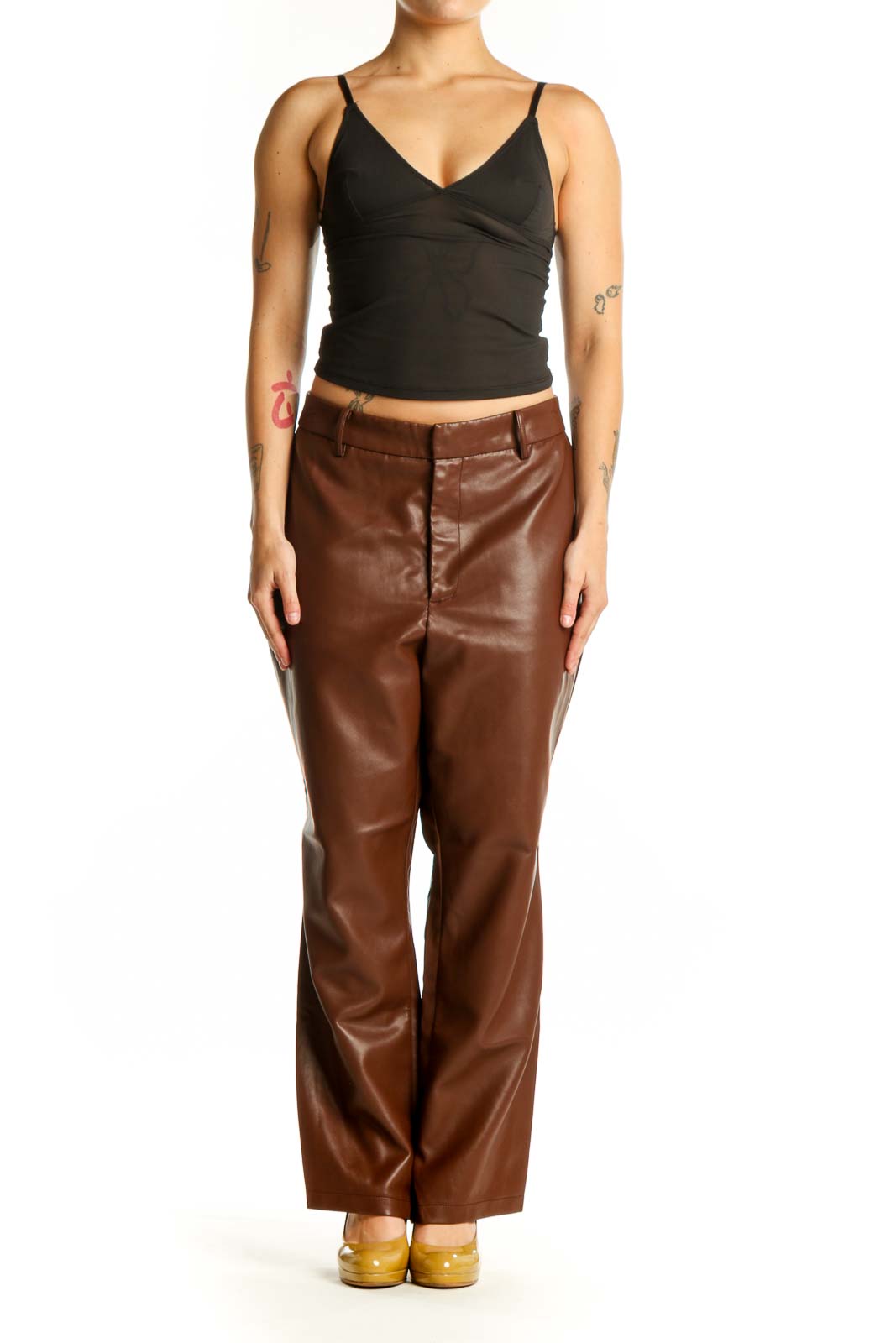Brown leather straight-leg pants by Bagatelle, front view, size XL with high-waisted silhouette