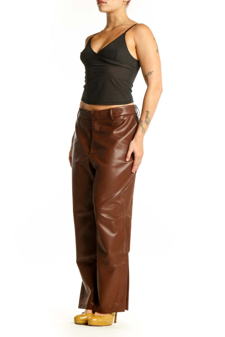 Brown leather straight-leg pants by Bagatelle, front view, size XL with high-waisted silhouette