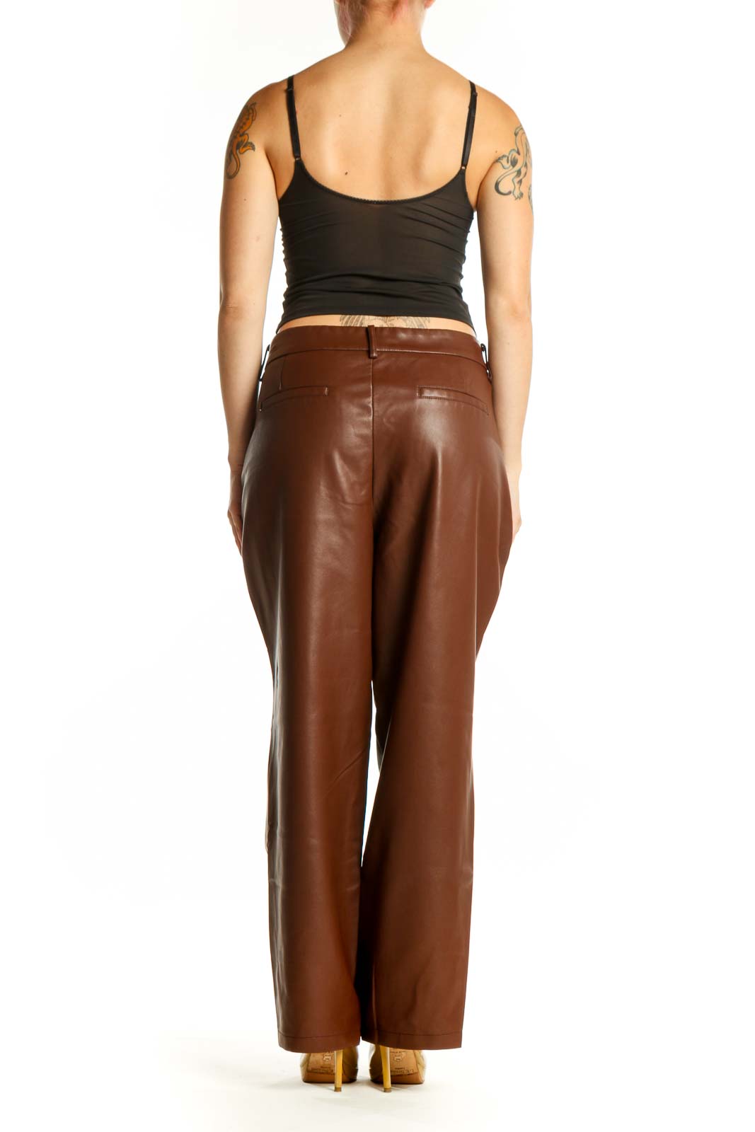 Brown leather straight-leg pants by Bagatelle, back view, showing classic five-pocket design and full-length cut