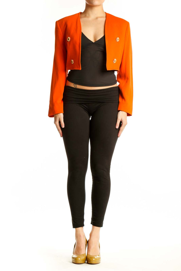 Orange cropped blazer with jeweled buttons by Emporio Armani, front view