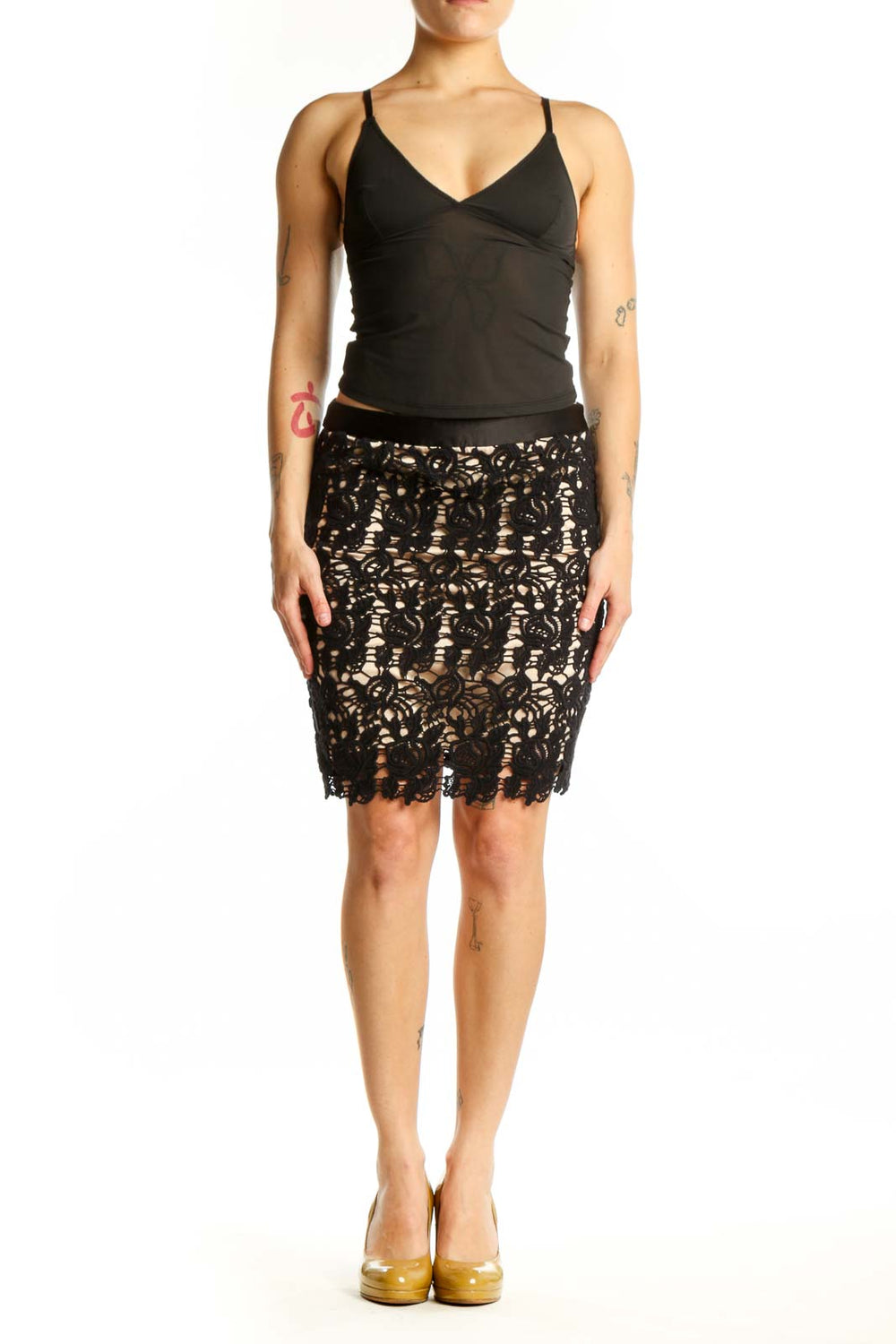 Black lace pencil skirt with scalloped hem and sheer lace overlay by Willi Smith, front view