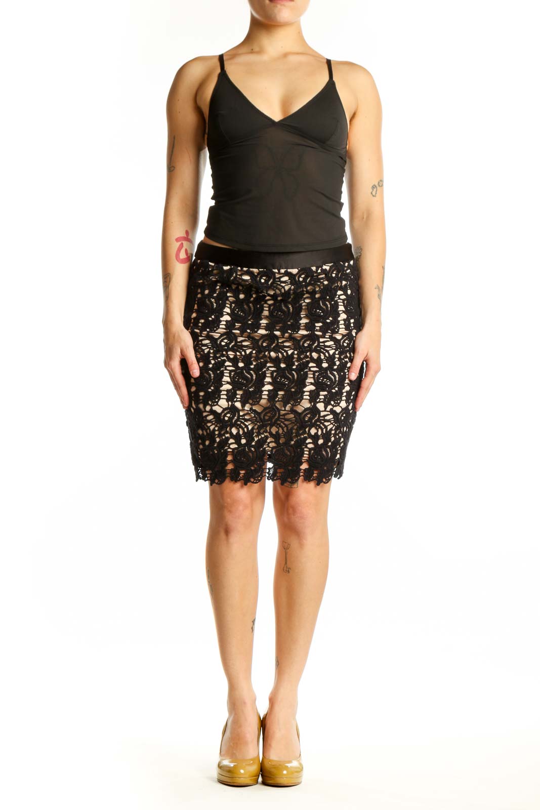 Black lace pencil skirt with scalloped hem and sheer lace overlay by Willi Smith, front view