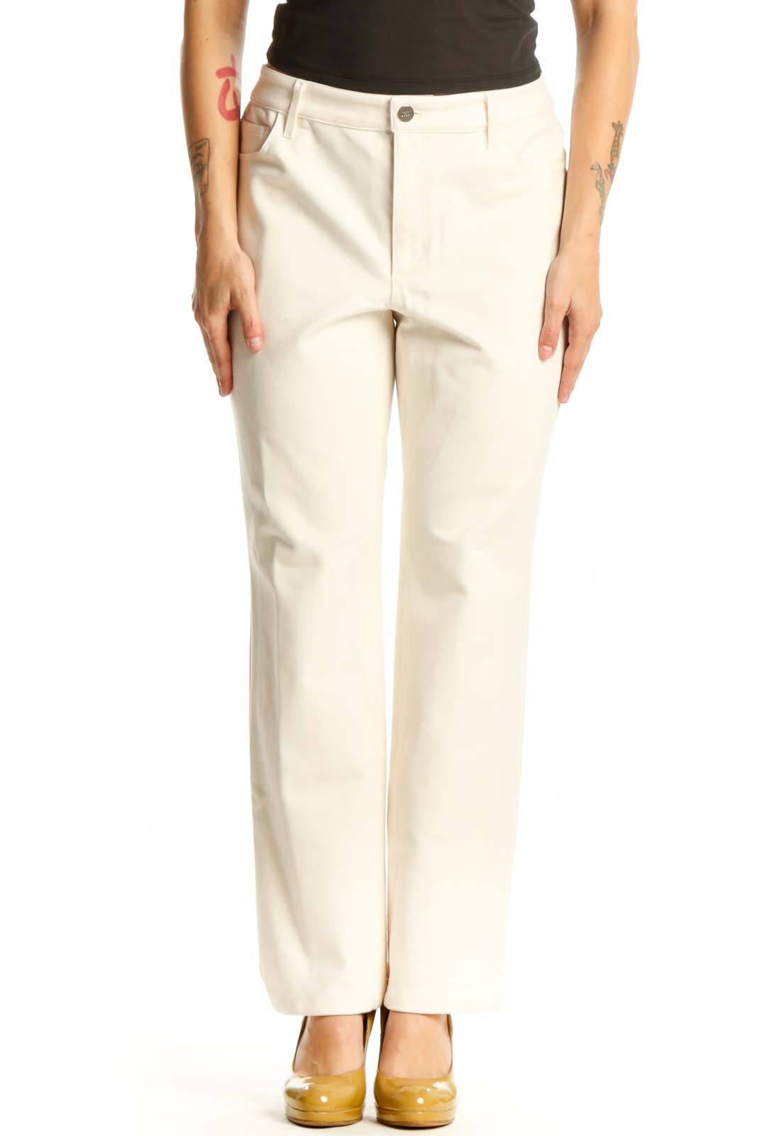 Front view of cream dress pants with straight-leg silhouette and high-waisted fit