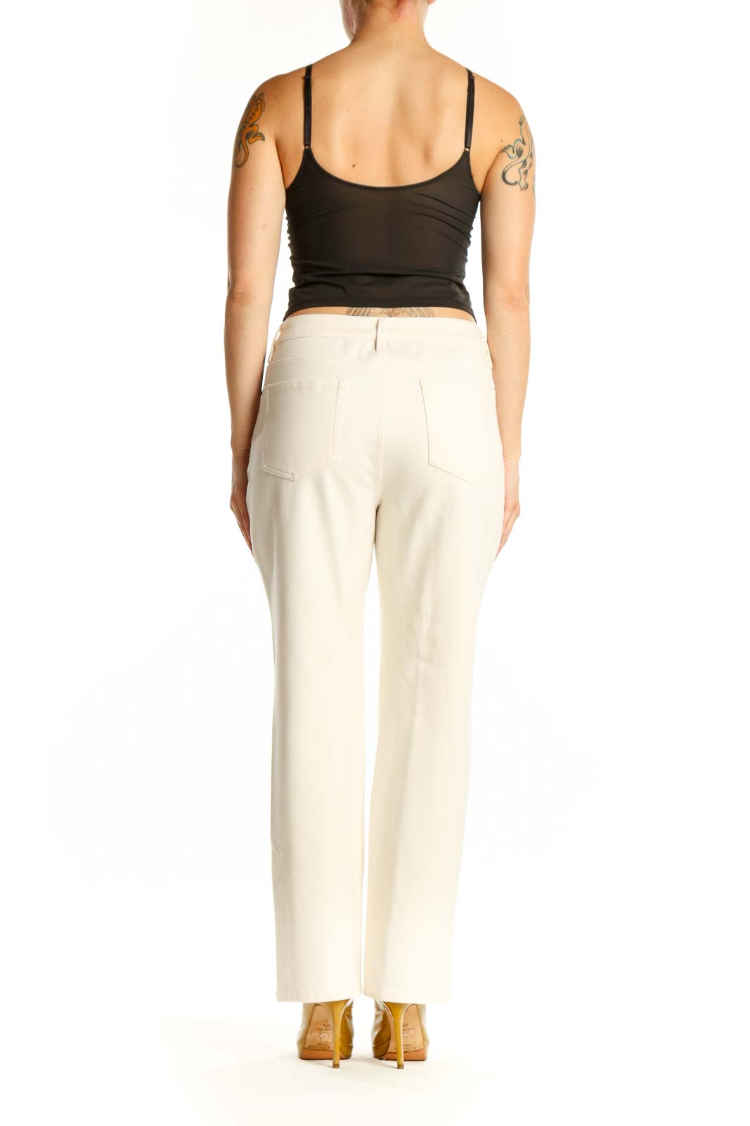 Back view of cream dress pants showing classic tailoring and comfortable stretch fit