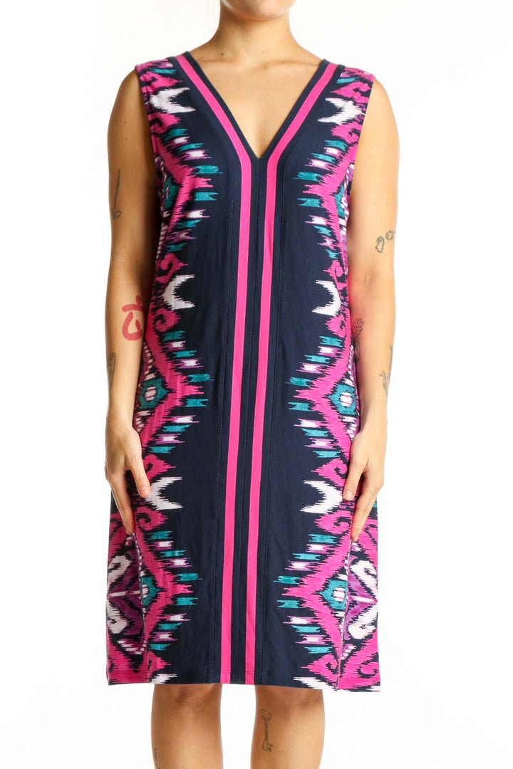 Navy geometric print sleeveless dress with magenta trim, front view