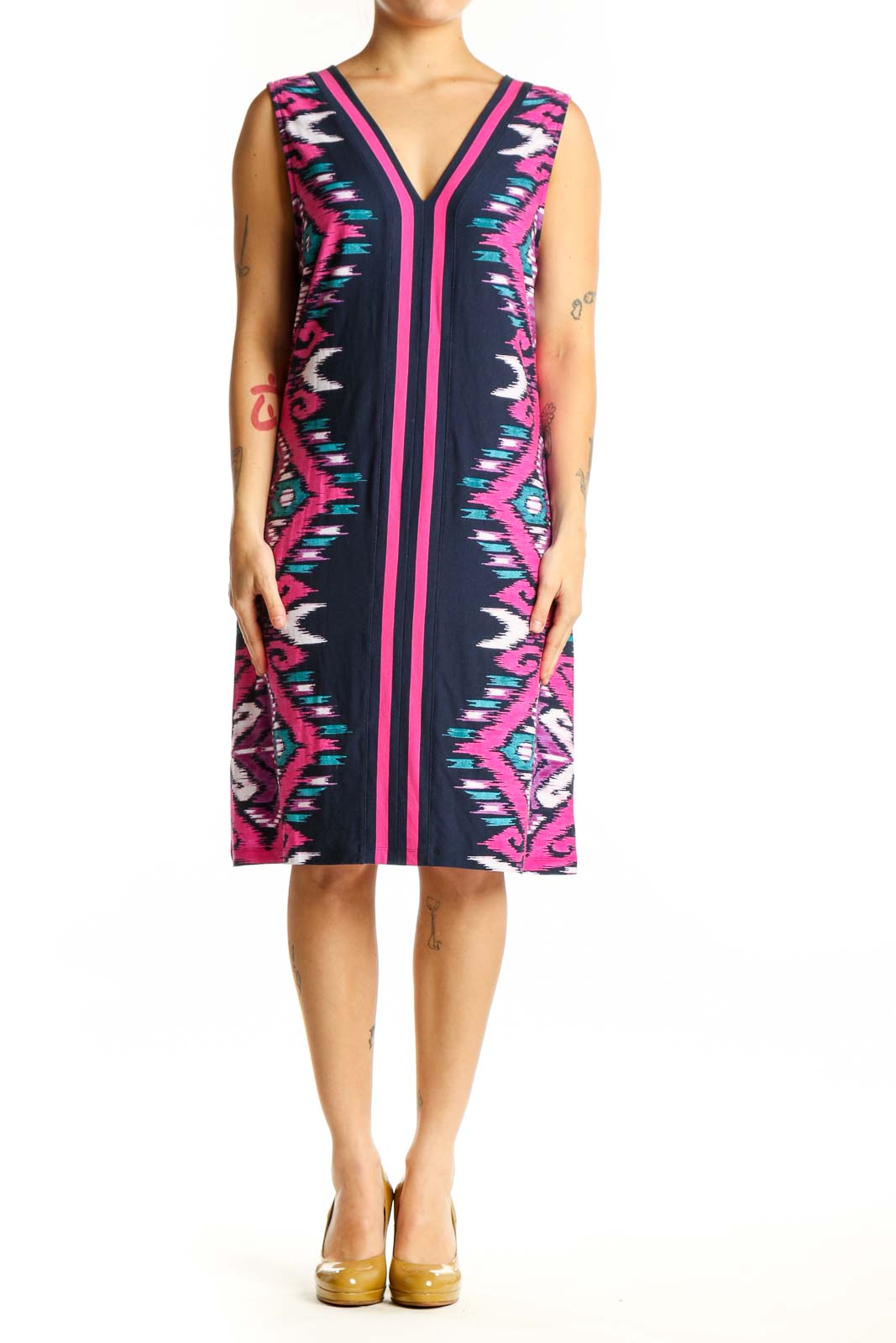 Navy geometric print sleeveless dress with magenta trim, front view