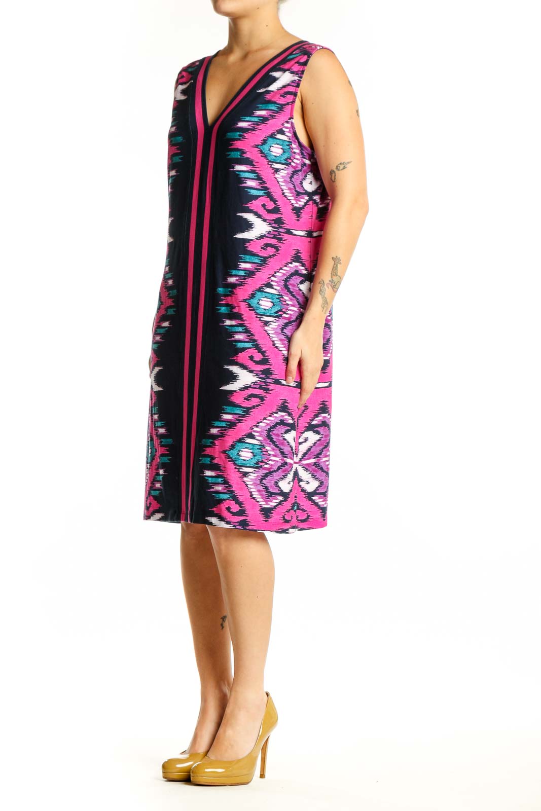Navy geometric print sleeveless dress with magenta trim, front view