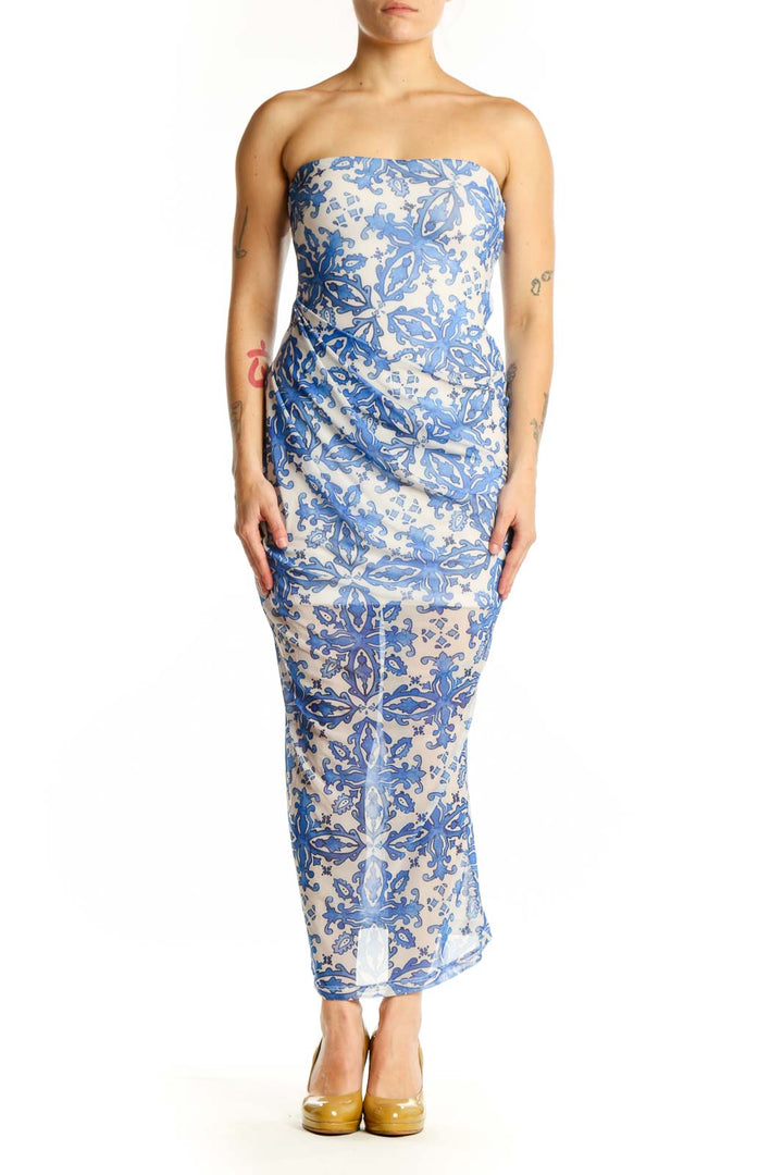 Blue and cream floral strapless maxi dress with fitted bodice and ruched detailing, front view