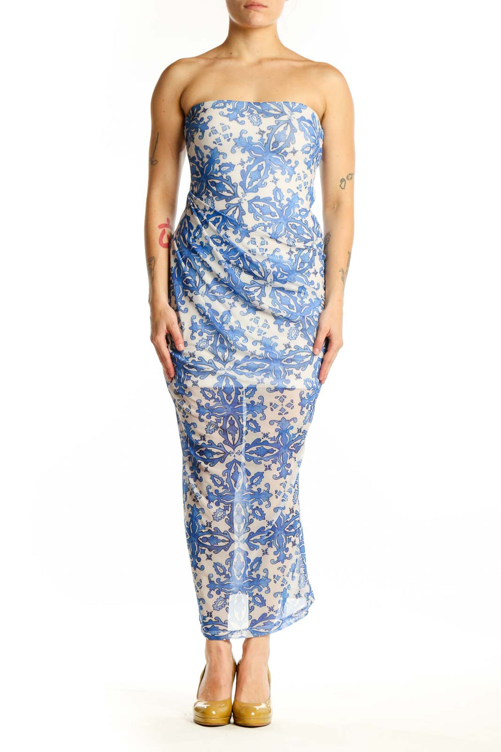 Blue and cream floral strapless maxi dress with fitted bodice and ruched detailing, front view