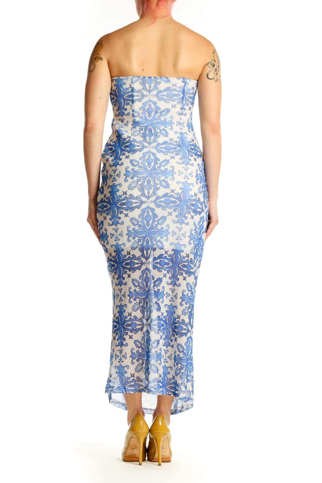 Blue and cream floral strapless maxi dress with fitted bodice and ruched detailing, back view
