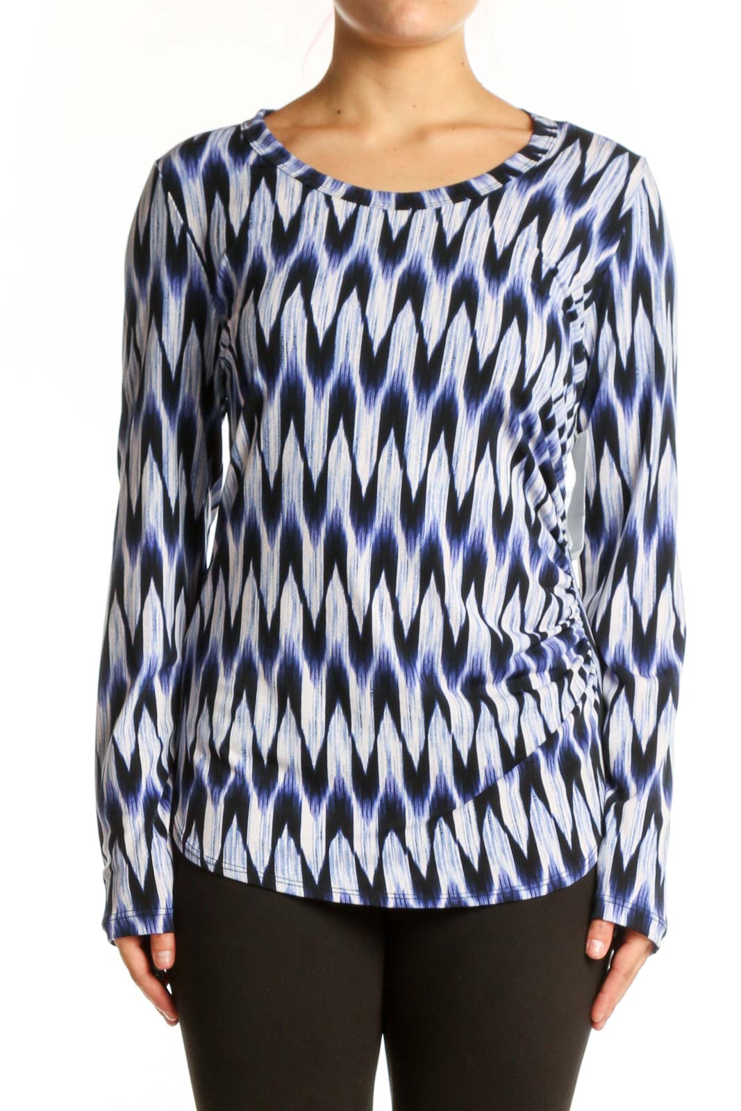 Karen Kane navy ikat print long-sleeve top with wrap-front detail, front view on model