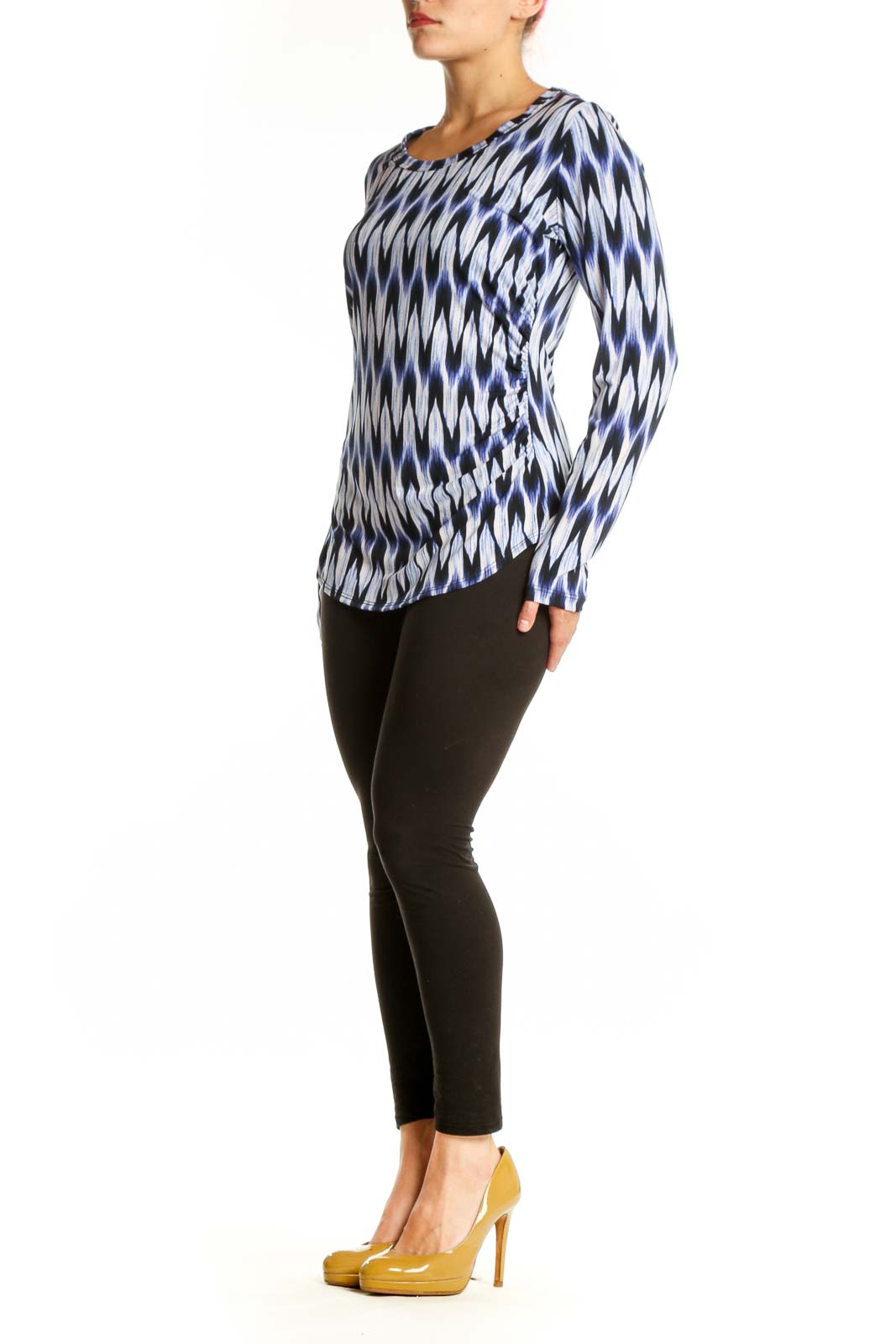 Karen Kane navy ikat print long-sleeve top with wrap-front detail, front view on model